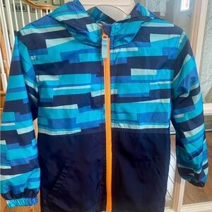 Blue and Navy Striped Jacket with Orange Zipper